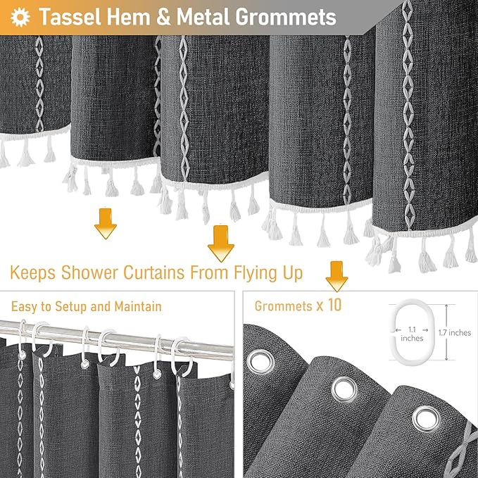 BTTN Stall Fabric Shower Curtain - 54x78 Boho Striped Linen Heavy Duty Tassel Shower Curtain Set with 10 Hook, Narrow Rustic Modern Farmhouse Bohemian Cloth Shower Curtain for Bathroom - Charcoal Grey
