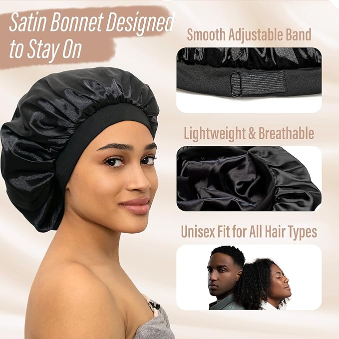 Satin Bonnet Adjustable Sleeping Silk Bonnet Black Women Men Double Layer Satin Silk Sleep Cap Hair Wrap Large Curly Hair