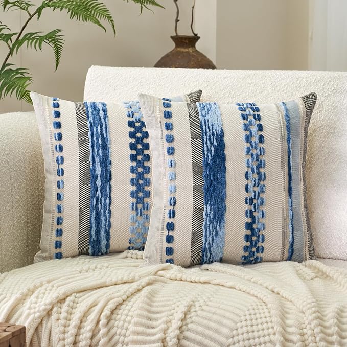 Aeckself Boho Throw Pillow Covers 18x18 Inch Set of 2, Farmhouse Decorative Striped Square Pillow Covers Chenille Tufted Pillow Cases Accent Neutral Pillowcase for Living Room Couch Bed, Sky Blue