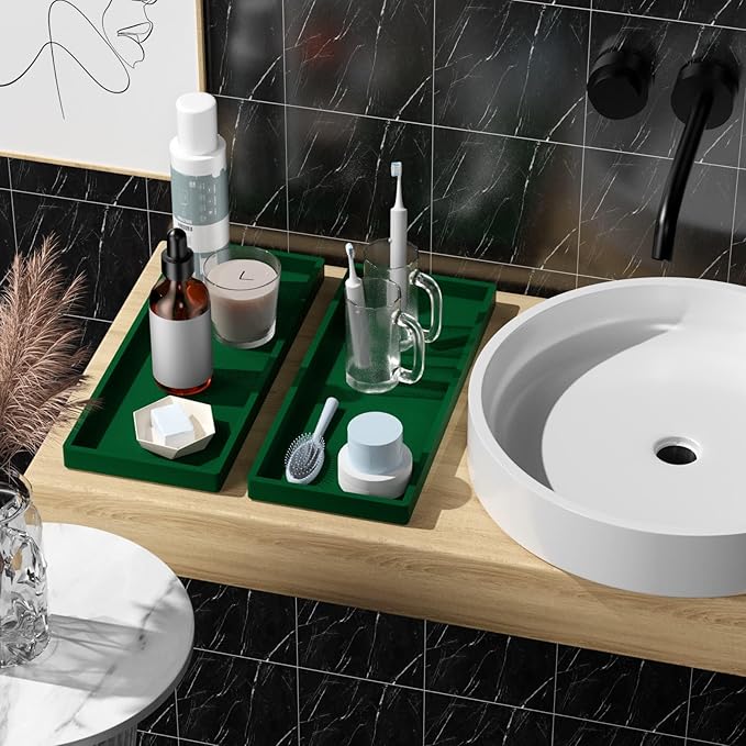 BBK Bathroom Vanity Tray 11.8 in- 2 Pack(Large) Silicone Bathroom Tray for Counter, Perfume Key Trinket Ring Soap Dispenser Countertop Tray for Kitchen Sink Organization (Green)