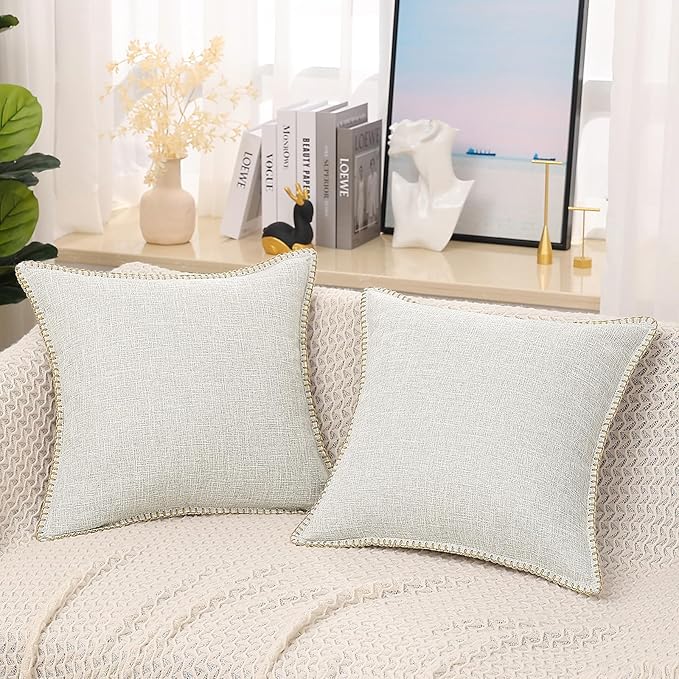 decorUhome Decorative Outdoor Throw Pillow Covers 24x24 Set of 2, Square Linen Rustic Neutral Farmhouse Euro Pillow Covers with Stitched Edge for Couch, Sofa, Living Room, Beige