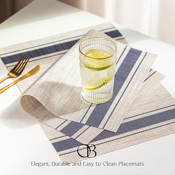 Placemats Set of 12 - Easy Clean Woven Vinyl Placemats for Dining Table, Indoor/Outdoor Place Mats, Washable PVC Table Mats（Blue Skyline）