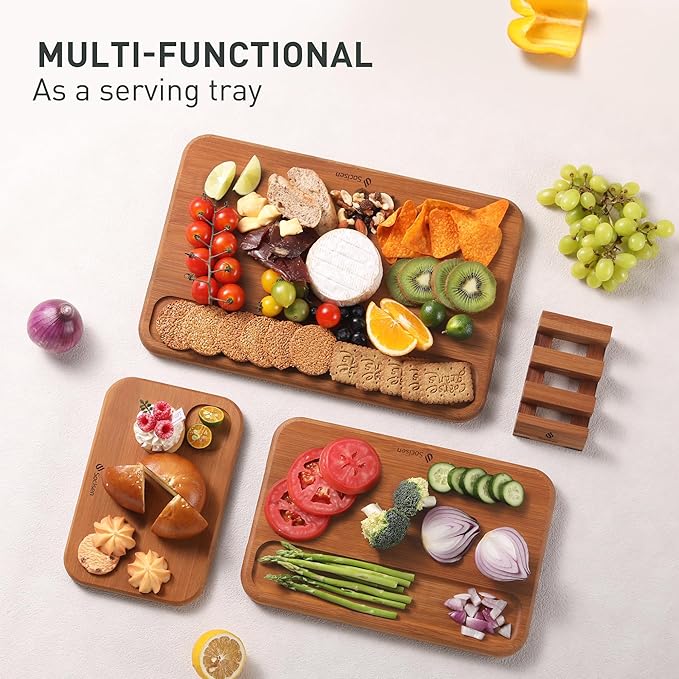 3 Packs Bamboo Cutting Board Set with Holder Nice Solid Thick Wood Deep Juice Groove & Built-in Handles Chopping Board Large Big Small Best Hardwood Kitchen Counter Organic Vegetable Meat BBQ Kit