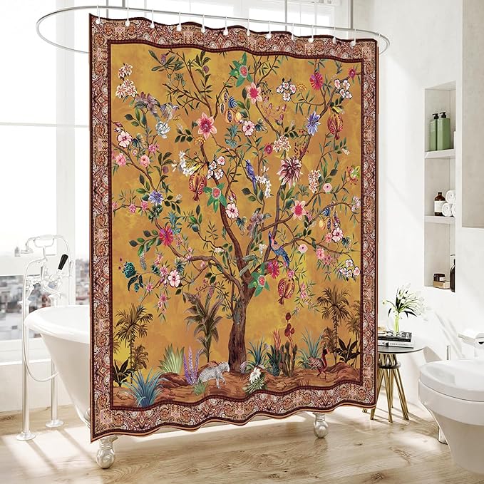 Bohemian Bathroom Curtain Colorful Boho Floral Print Beautiful Bright Polyester Fabric Cloth Shower Curtain for Bathroom Decoration, 72"x72"