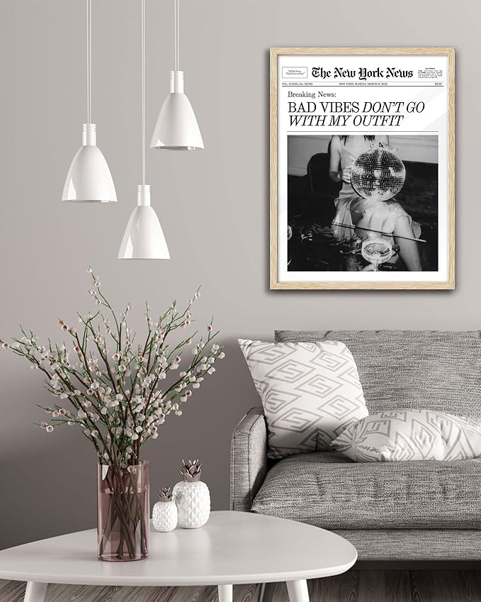 EcoHest Trendy Newspaper Magazine Framed Wall Art, 16x20 in Large OAK Wood Bad Vibes Don't Go With My Outfit Disco Bar Canvas Wall Art, Preppy Retro Home Decor For Bedroom Living Room 1Pack