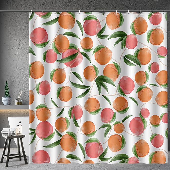 Aimego Peach Fruit Shower Curtain - Pink Orange Cute Peach Green Leaves Plant Modern Nature Fabric Cloth Bath Shower Curtain Set with 12 Hooks for Bathroom Decor Accessories, 72"x72"
