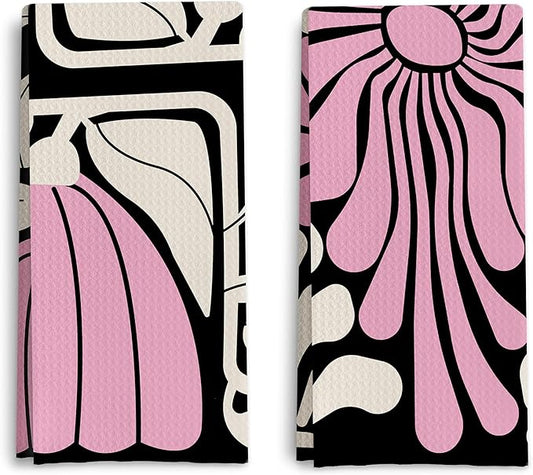 Abstract Boho Pink and Beige Floral Kitchen Towels Set of 2, Retro 70s Groovy Floral Hand Towels for Bathroom Decor, Modern Minimalist Botanical Dish Tea Towels for Kitchen Decor, 16x24 Inch