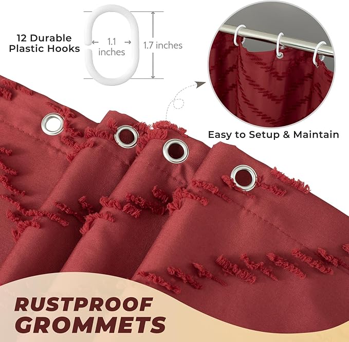 Burgundy Shower Curtain Boho Farmhouse Shower Curtain 72 x 72 Tufted Chevron Textured Minimalist Shower Curtains for Bathroom