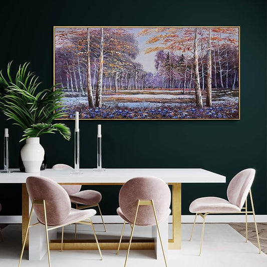 KLAKLA Large Purple Wall Art - Blue and Orange Nature Scenery Tree landscape Wall Decor Living Room Bedroom Forest Pictures Framed Artwork for Wall Blue Flower Wall Art