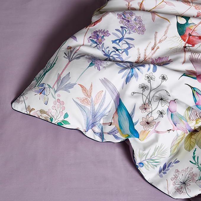 mixinni Queen Size Duvet Cover Purple Flowers Bird Bedding Sets Shabby Chic Boho Long-Staple Cotton Duvet Cover Set with Zipper Ties 1 Duvet Cover+2 Pillowcases, Ultra Soft, Breathable-Queen Size