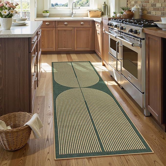 Lahome Modern Rainbow Easy Jute Entryway Runner Rug, Washable Carpet Runners for Hallway 6ft, Farmhouse Non Slip Stain Resistant Kitchen Mats for Floor Laundry Room Porch Bedroom, Dark Green