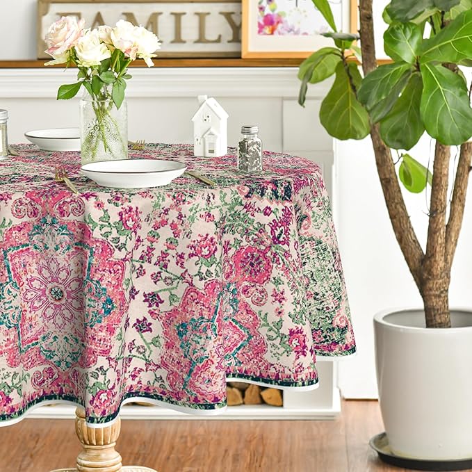 Horaldaily Boho Bohemia Style Tablecloth 70×70 Inch Round, Pink Vintage Country Rustic Farmhouse Magical Fall Orange Washable Seasonal Table Cover for Party Picnic Dinner Decor