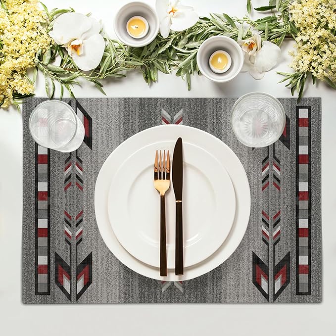 Giwawa Southwestern Placemats, Grey Red Tribal Geometric Decorative Table Mats, Native American Ethnic Farmhouse Non-Slip Place Mat for Dining Kitchen Party, 12x18Inch, Set of 4
