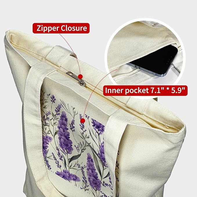 Tote Bag for Women, Reusable Zippered Canvas Bag with Handles Pocket Thick Canvas, for Grocery Shopping Beach Gift