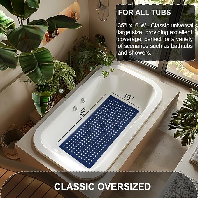 Bath Mat for Tub & Shower, Non Slip Soft Bathmat with Suction Cups & Drain Holes, Machine Washable Bathtub Floor Liner Mats for Bathroom, 35x16 Inch, Navy Blue