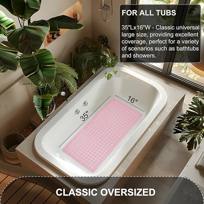 Bath Mat for Tub & Shower, Non Slip Soft Bathmat with Suction Cups & Drain Holes, Machine Washable Bathtub Floor Liner Mats for Bathroom, 35x16 Inch, Clear Pink