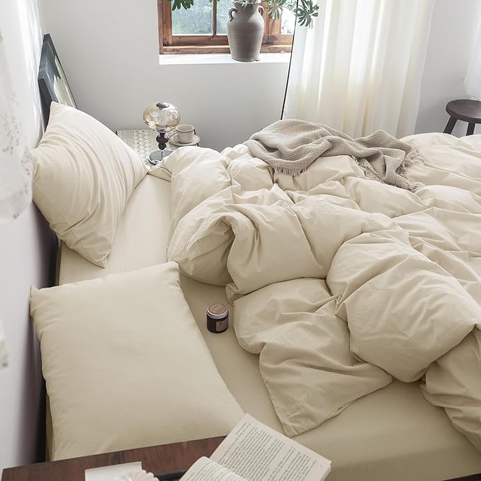 FOSSA Duvet Cover Set 100% Washed Cotton Linen Feel Super Soft Breathable Cozy 3 Pieces Bedding Sets Solid Almond Grey Queen