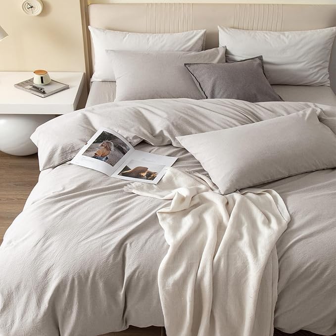 JIYUAN 100% Washed Cotton Duvet Cover Set 3 PCS Super King Plus, 1 Duvet Cover 120"x120" (Comforter Not Included) and 2 Pillowcases,Linen Feel Bedding Set Comfy and Breathable, Heathered Cream Grey