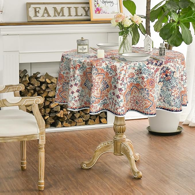 Horaldaily Boho Bohemia Style Tablecloth 70x70 Inch Round, Vintage Country Rustic Farmhouse Magical Fall Orange Washable Seasonal Table Cover for Party Picnic Dinner Decor