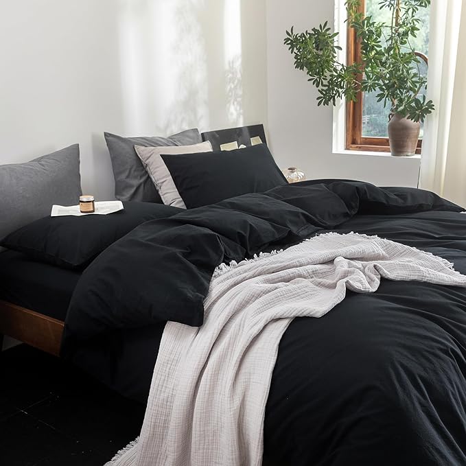 FOSSA Duvet Cover Set 100% Washed Cotton Linen Feel Super Soft Breathable Cozy 3 Pieces Bedding Sets Solid Black California King