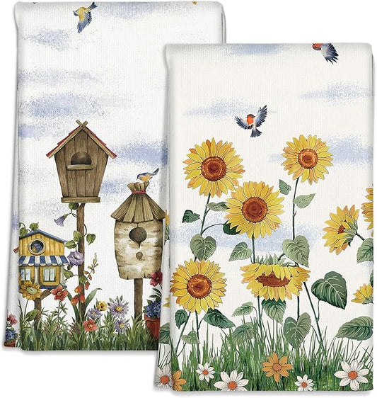 Microfiber Kitchen Towels - Set of 2 Dish Towels for Kitchen 18 x 26 Inch Home Decoration Farm Sunflower Cute Spring Hand Towels Soft & Absorbent Aesthetic Design