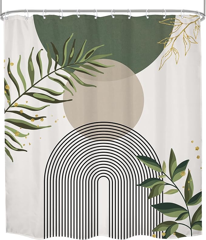 Sage Green Boho Shower Curtain 72Wx78H Modern Abstract Green Gold Leaves Bohemian Plant Botanical Minimalist Arch Bathroom Decor Geometric Neutral Bath Curtain Fabric Polyester 12 Pack Hook
