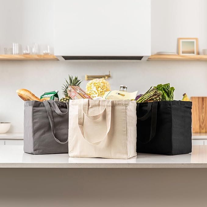 VeraMia Canvas Grocery Bag 3pc XL Set with Real Pockets, Long Shoulder Strap and Short Handle. Heavy Duty, Foldable, Washable