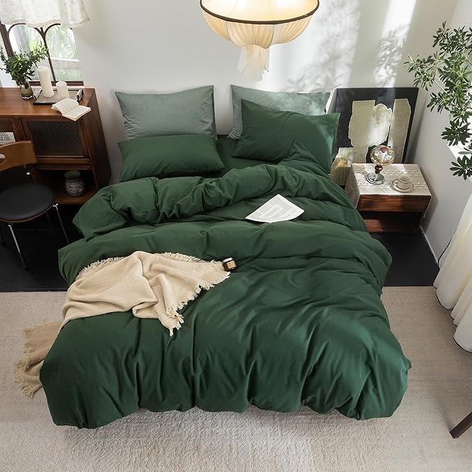 FOSSA Duvet Cover Set 100% Washed Cotton Linen Feel Super Soft Breathable Cozy 3 Pieces Bedding Sets Solid Forest Green King