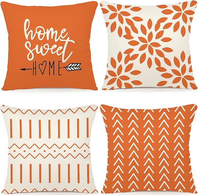YCOLL Fall Pillow Covers 18x18 Set of 4, Modern Sofa Throw Pillow Cover for Fall Decor, Decorative Outdoor Linen Fabric Pillow Case for Couch Bed Car, Orange