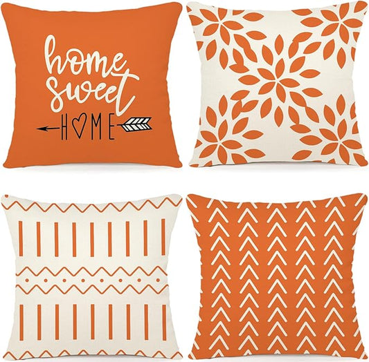 YCOLL Fall Pillow Covers 18x18 Set of 4, Modern Sofa Throw Pillow Cover for Fall Decor, Decorative Outdoor Linen Fabric Pillow Case for Couch Bed Car, Orange