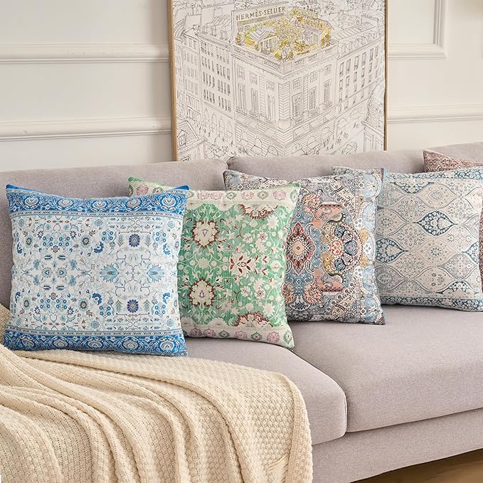 Boho Floral Throw Pillow Covers 18x18 inch Set of 2,Blue Boho Rug Geometric Floral Pattern Decor Double Sided Pattern Cushion Cover Soft Pillow Case Living Sofa Room Bed Square Pillow Cover