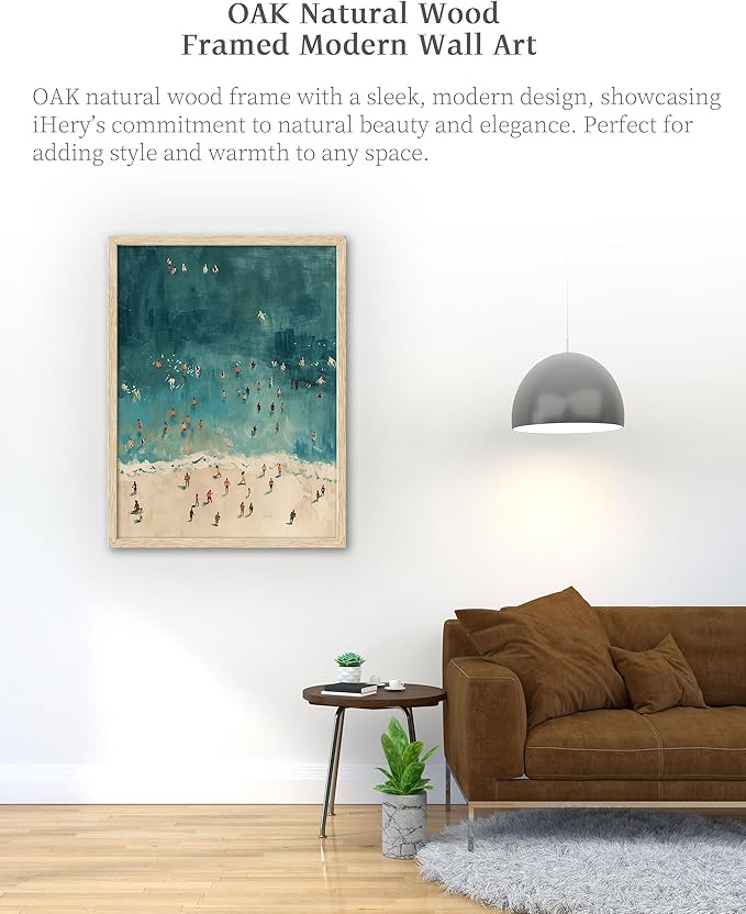 iHery Natural OAK Wood Framed Wall Art, 12x16 in Fashion Summer Tiny People Swimming In Ocean Canvas Wall Decor, Beige Minimalist Beach Bedroom Decor, Set of 1 For Bathroom Living Room