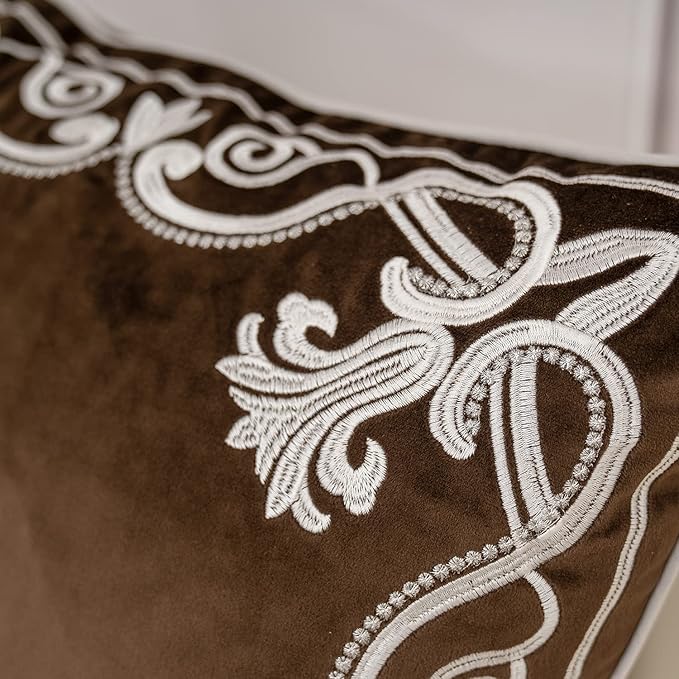 Aeckself European Floral Pillow Cover 18x18 Inch, Luxury Velvet Embroidered Decorative Throw Pillow Cover for Couch Bedroom Living Room, Brown and White