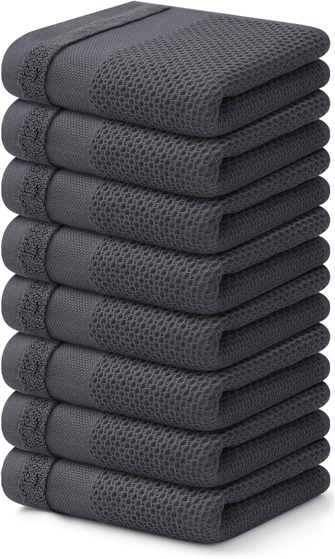 Homaxy 100% Cotton Waffle Weave Kitchen Towels, 13 x 28 Inches Super Absorbent and Machine Washable Dish Towels for Drying Dishes, 8-Packs, Dark Grey