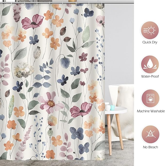 Aimego Spring Floral Shower Curtain -Colorful Watercolor Ink Flowers Plant Summer Nature Botanical Fabric Cloth Bath Shower Curtain Set with 12 Hooks for Bathroom Decor Accessories, 72"x72"
