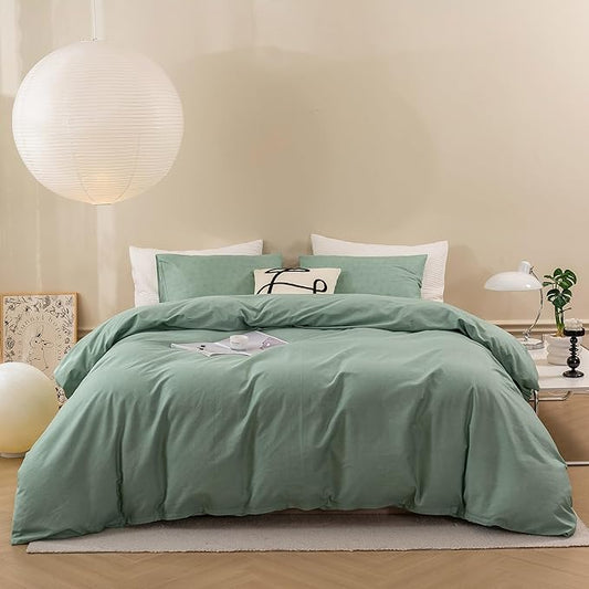 ECOCOTT Duvet Cover Set, 100% Washed Cotton Linen-Like Textured Soft & Breathable, Durable Comfy Bedding Set for All Seasons (Mint Green, Queen)