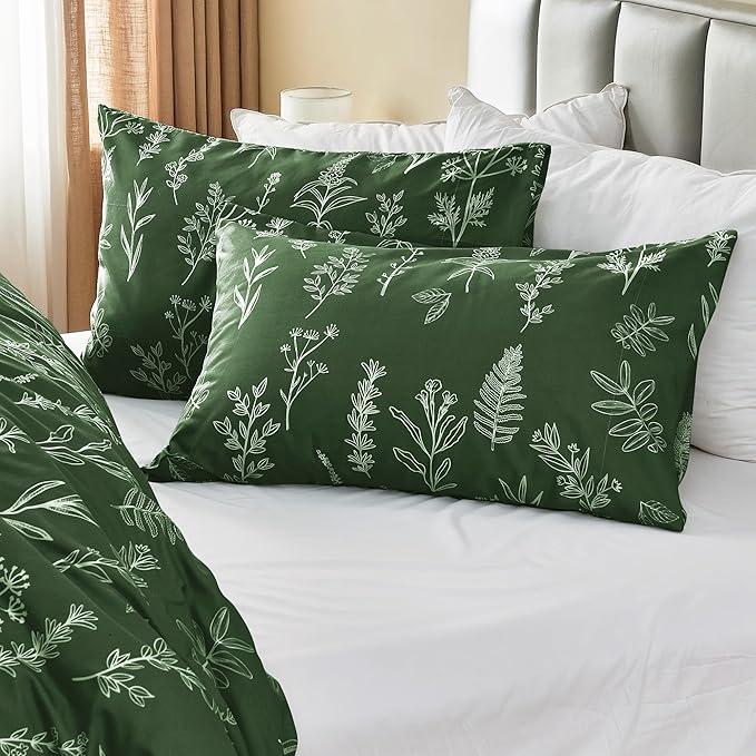 MUXHOMO Duvet Cover King Size, Reversible Floral Dark Green Duvet Cover Set with Zipper Closure, 3 Pieces Botanical Patterns Soft Microfiber Bedding Set (90"x104", 2 Pillow Cases 20"×36")