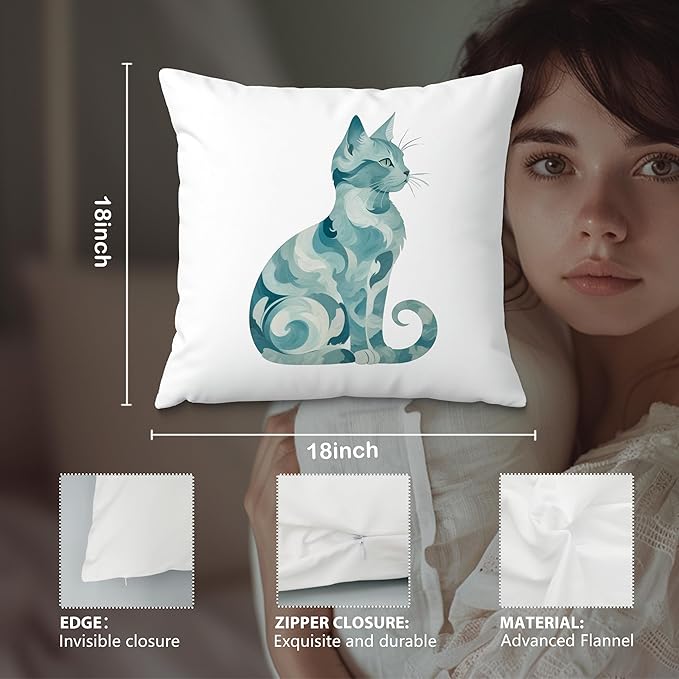 Abstract Blue Sea Cat Pillow Covers 18x18, Gifts for Cat Lovers Mom Lady Owners, Elegant Kitten Kitty Decorative Pillow Covers for Home Bedroom Living Room Decor, Pet Lover Gifts
