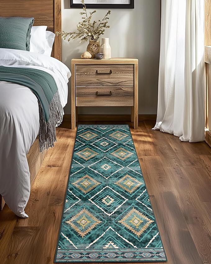Area Rug 2x6 Rug Machine Washable Non-Slip Low Pile Print Pattern Western Rug for Living Room Bedroom Entryway Tribal Series -Teal/Green