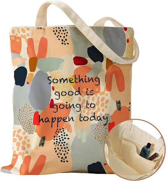 Canvas Tote Bag with Pocket - Aesthetic Cute Canvas Bag for Women Shoulder Totes for Shopping, Work, Gym