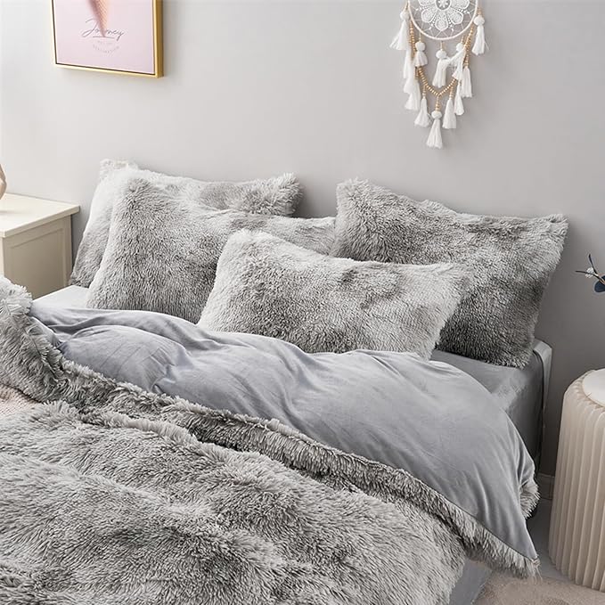 MorroMorn 5 PCS Shaggy Duvet Cover Bedding Set - Fluffy Comforter Cover Long Faux Fur Luxury Ultra Soft Cozy (Marble Gray, Full/Queen)