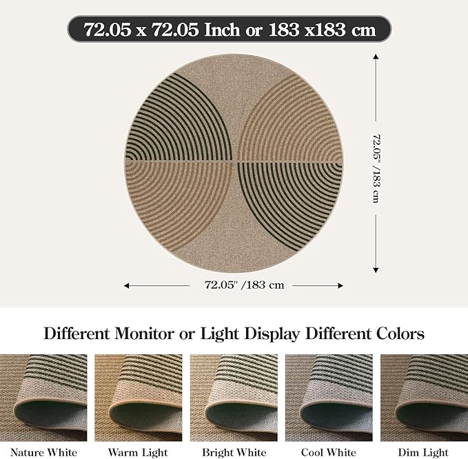 Lahome Modern Rainbow Round Rug, 6ft Easy Jute Circle Patio Rug Washable Indoor Outdoor Rugs for Living Room, Farmhouse Natural Round Area Rug Contemporary Carpet for Entryway Backyard