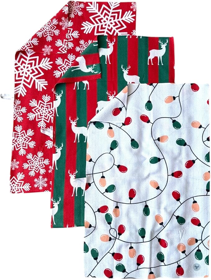 || 3 Pack|| Double Sided Dish Towels || Waffle Weave Microfiber || Highly Absorbent || Hanging Loop || Dish Cloths || Modern || Designer Prints || Lights (Christmas Lights red and Green)