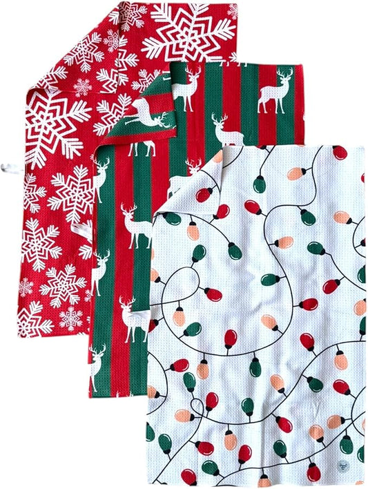 || 3 Pack|| Double Sided Dish Towels || Waffle Weave Microfiber || Highly Absorbent || Hanging Loop || Dish Cloths || Modern || Designer Prints || Lights (Christmas Lights red and Green)