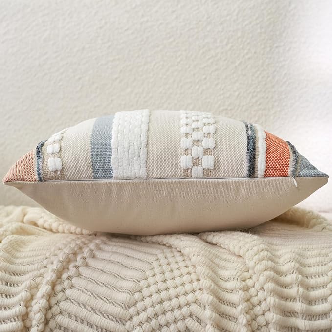 Aeckself Boho Throw Pillow Covers 18x18 Inch Set of 2, Farmhouse Decorative Striped Square Pillow Covers Chenille Tufted Pillow Cases Accent Neutral Pillowcase for Living Room Couch Bed, Orange Blue