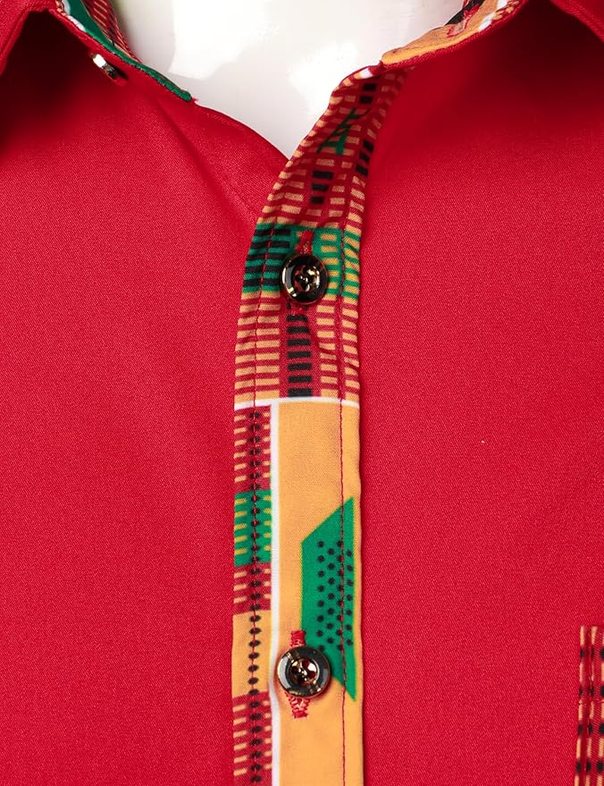 ZEROYAA Men's African Printed Patchwork Design Short Sleeve Button up Shirt