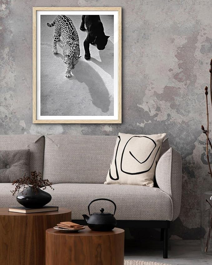 EcoHest Cheetah and Jaguar Walking Framed Wall Art, Large 16x20 in OAK Wood Vintage Black and White Funny Bathroom Canvas Art, Fashion 1950s Decor, Beige Logs Set of 1 for Bedroom Living Room