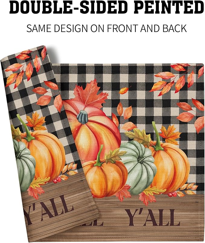 Giwawa Happy Fall Y'all Placemats Set of 4 Colorful Autumn Thanksgiving Pumpkins Leaves Decorative Linen Table Mat 12x18in Black Buffalo Plaids Non Slip Place Mat for Kitchen Dining Party Holiday