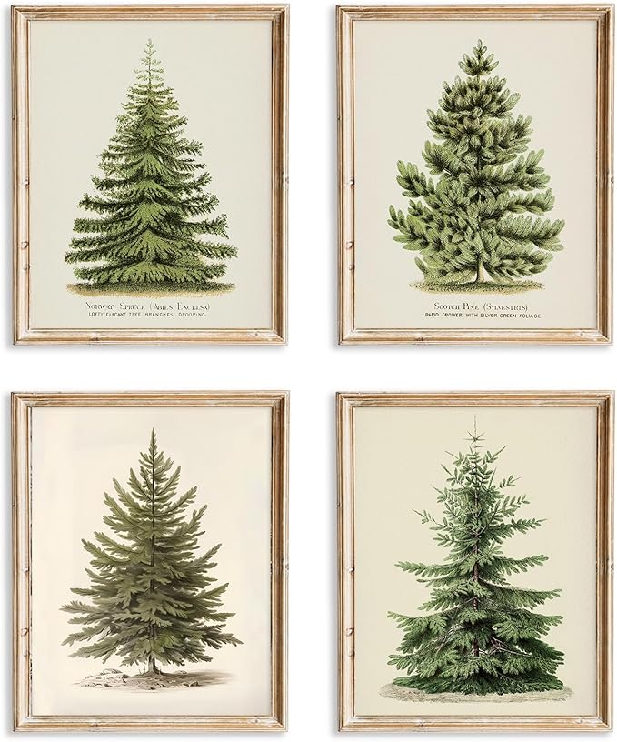 Vintage Christmas Tree Wall Art – Set of 4 Rustic Pine Tree Prints, Cozy Botanical Winter Holiday Decor, Unframed Christmas Wall Artwork for Festive Home Styling (8x10 Inch)