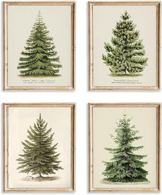 Vintage Christmas Tree Wall Art – Set of 4 Rustic Pine Tree Prints, Cozy Botanical Winter Holiday Decor, Unframed Christmas Wall Artwork for Festive Home Styling (8x10 Inch)